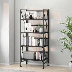 FYG Metal and Wood Rack Simple Foldable 4 Layers Living Room Free Installation Bookshelf Height 125cm