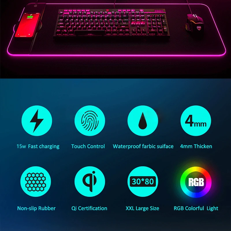 Hot Selling 2 in 1 Wireless Fast Charging Mousepads, 15W Wireless Phone Charger, Gamer RGB Led Mouse Pad
