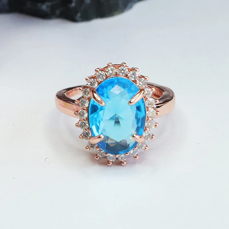 Oval Shape Blue Cubic Zirconia Rings Wholesale Jewelry Stone Luxurious Coloured Glaze Rings Healing Crystal and Topaz Rings