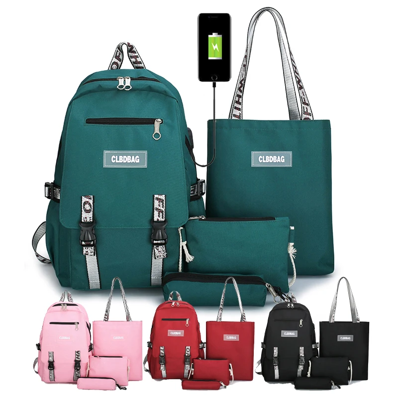 Fashion design 4 pcs in 1 canvas USB charging bagpack rucksack fabric school backpack set bag for lady women girl daily life