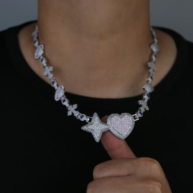 New Arrived Iced Out Bling Men Jewelry Rhodium Plated Cross Star Heart Earth Various Charms Link Chain Hip Hop Necklace