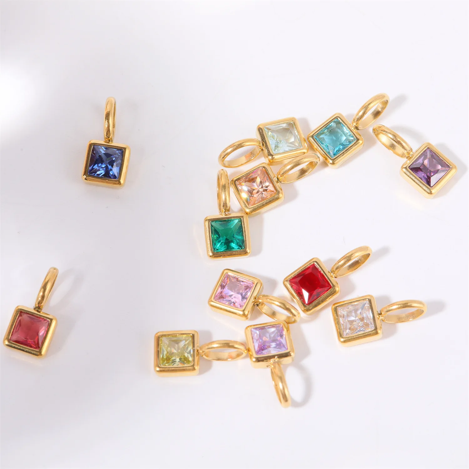 DIY Stainless Steel Necklace Colorful Square Red Cubic Zircon CZ Stone Birthstone Charms Necklace Jewelry