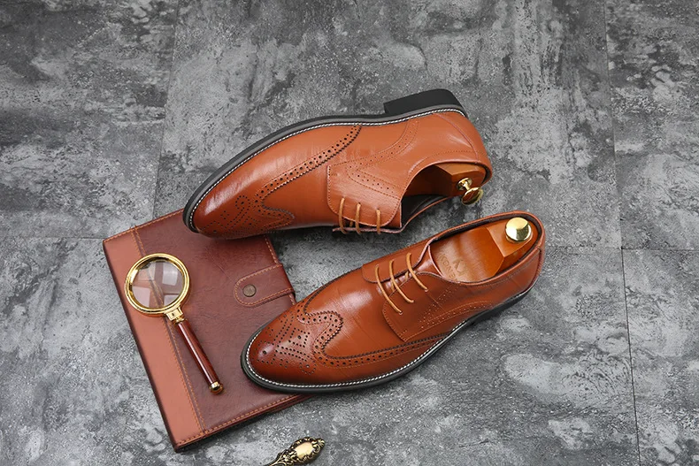 37-48 Big Size Black Brown Derby Semi Brogue Oxfords Business Wingtip Formal Shoe Wedding Fashion Casual Leather Shoes