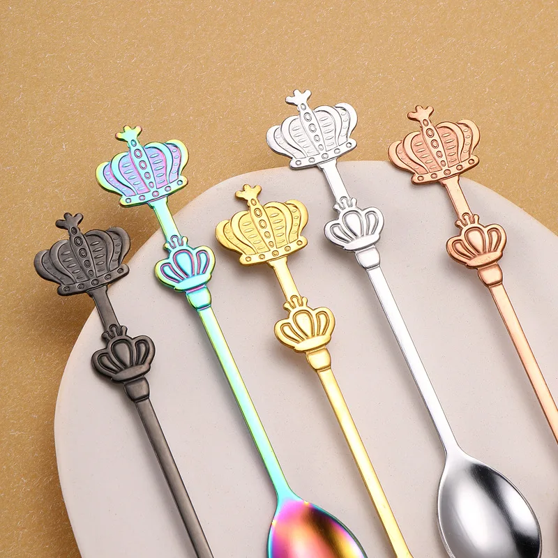 Wholesale Creative Double Crown Stainless Steel Tableware Spoon Golden Cake Dessert Fruit Spoons Coffee Stirring Spoon