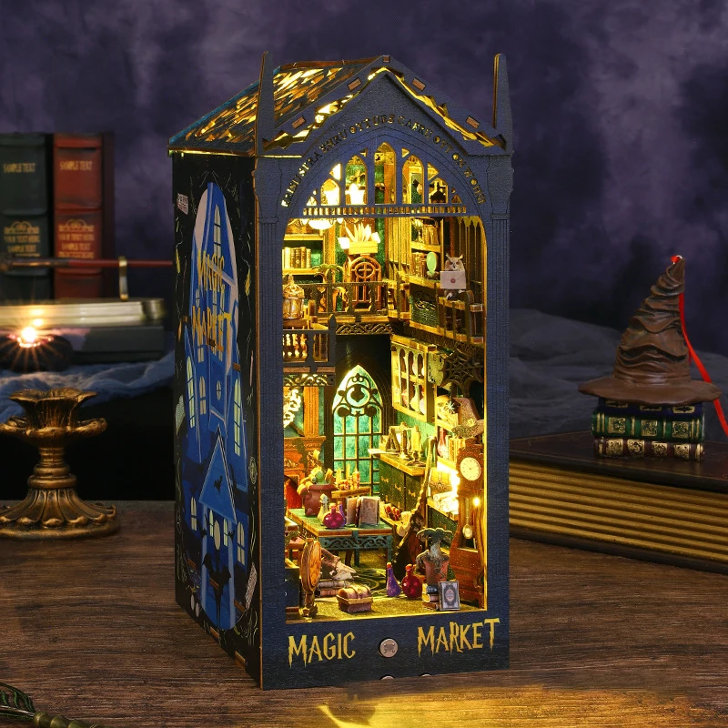 Sit Book Nook 3d Wooden Puzzle Bookend Diy Miniature House Booknook Shelf Insert Magic Market Book Nook Kit