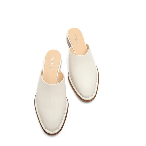 Flats Slippers Women Female Ladies Mother Genuine Black Leather Mules Dress Shoes Chunky Heel Pointed Toe