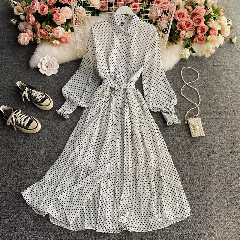 Polka Dot Blouse Collar Long Sleeve Dress 2021 Spring and Autumn New Elegant Chiffon Dress Waist-Controlled Pleated Long Dress