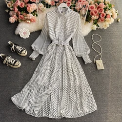 Polka Dot Blouse Collar Long Sleeve Dress 2021 Spring and Autumn New Elegant Chiffon Dress Waist-Controlled Pleated Long Dress