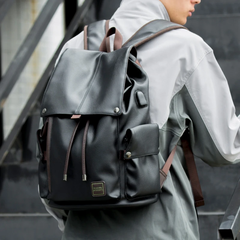 Custom Logo PU Leather Laptop Backpack Black Leather Bags Men Business Computer Backpack for Men