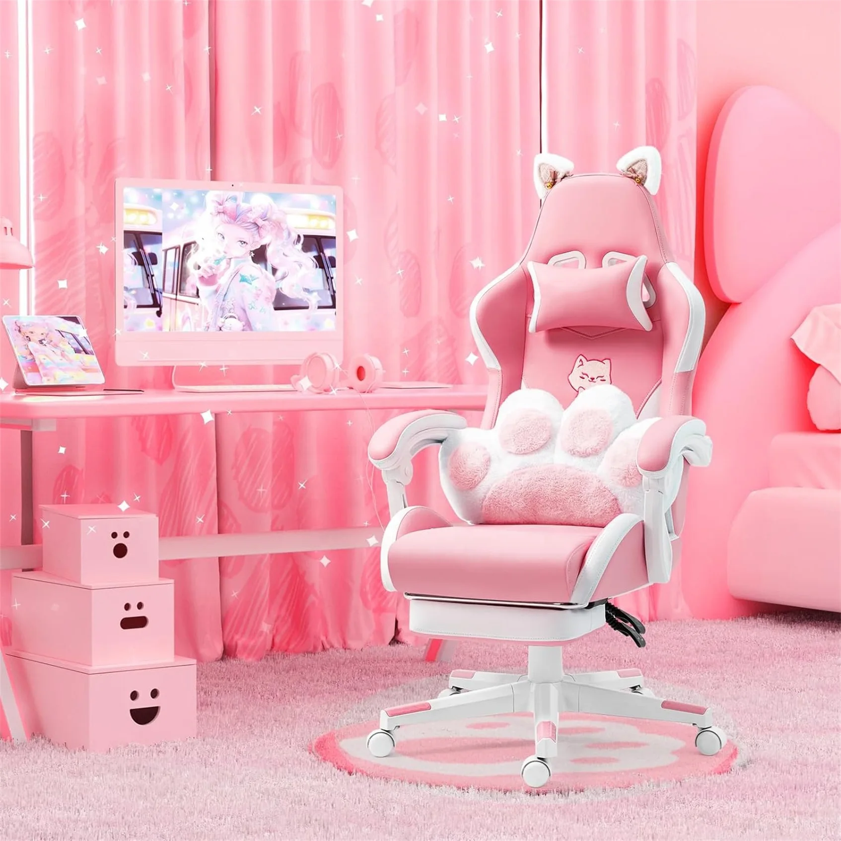 Leather Home Office Women Girl Cute Cat Gaming Chair Lumbar Pillow Pink hello cat gaming chair with footrest