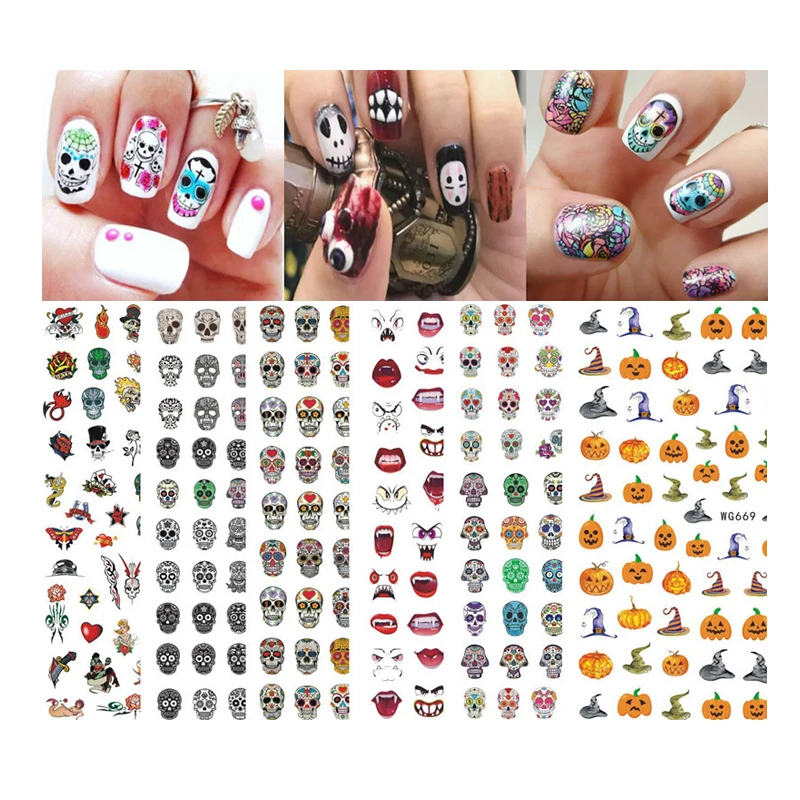 Ready To Ship New Halloween Nail Stickers Skull Adhesive 3d Luminous Halloween Back Glue Nail Sticker Nail Factory  Wg656-678