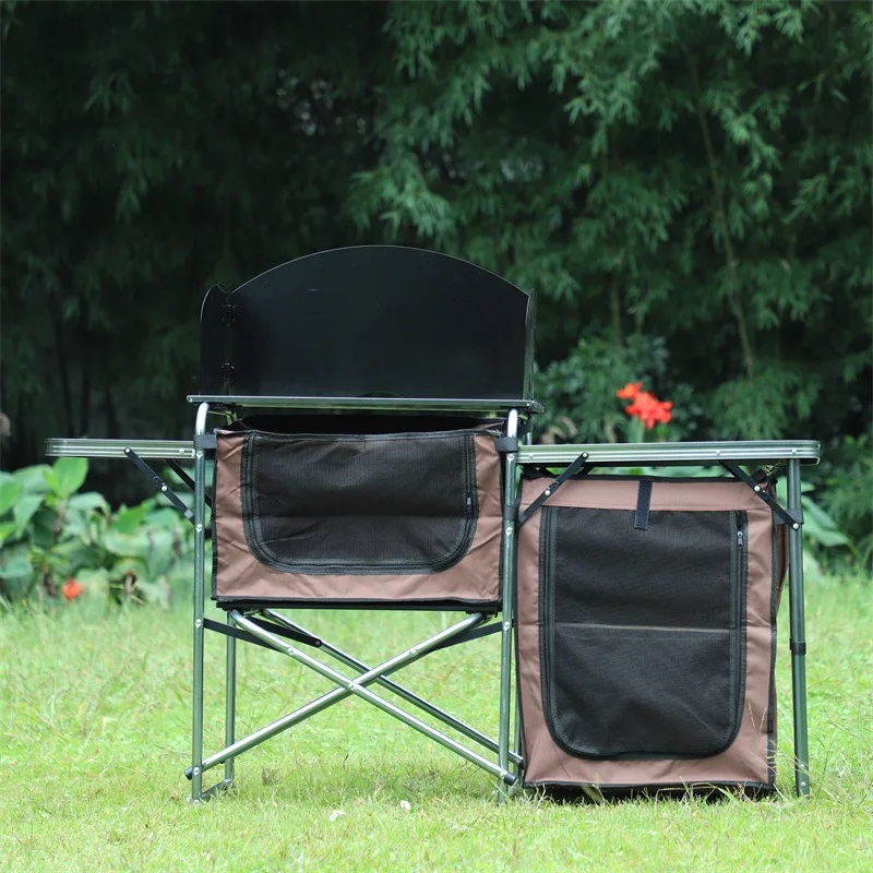 Folding Cooking Table Outdoor Portable Aluminum Camping Kitchen with Storage Organizer Windscreen Hook for BBQ Party