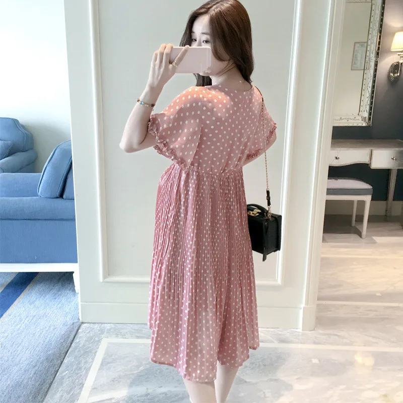 Chiffon Dresses Maternity Clothing For Pregnant Women Short Sleeve V-neck Dot Pregnancy Dress Maternity Summer Dresses