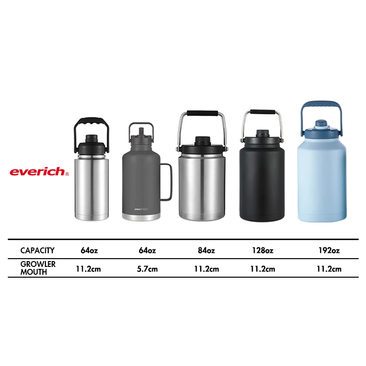 Everich ODM 64/128/192oz Double Wall Vacuum Insulated Stainless Steel Beer Growler with Handle for Brewery, Keeps Cold Up to 24H