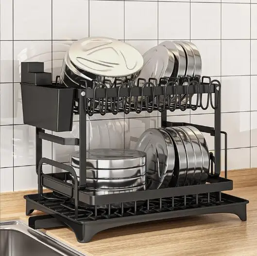 2 Tier Dish Drying Rack, Rustproof Kitchen Dish Drying Rack with Drainboard and Utensil Holder for Kitchen Counter