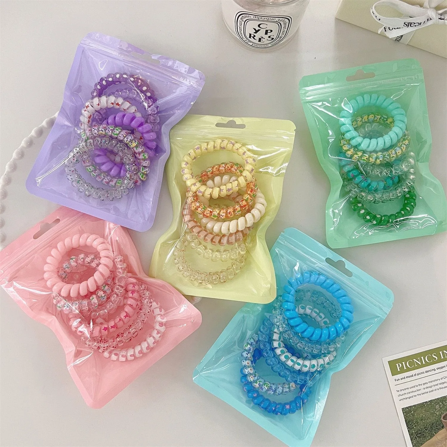 YT 6pcs/Bag New Girl Cute Candy Elastic Hair Accessories Scrunchies Telephone Line Hair Band Hair Ties Set for Women