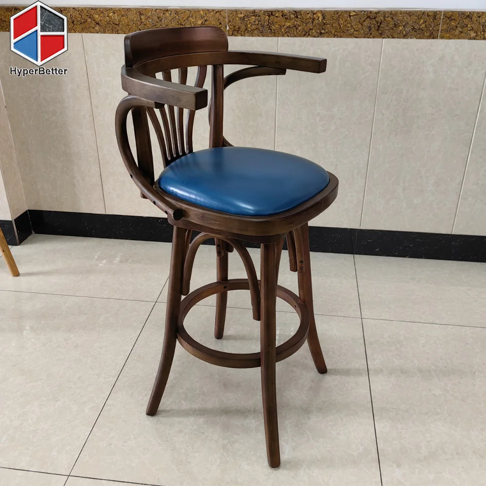 Classic leather seat solid wood nordic bar stool