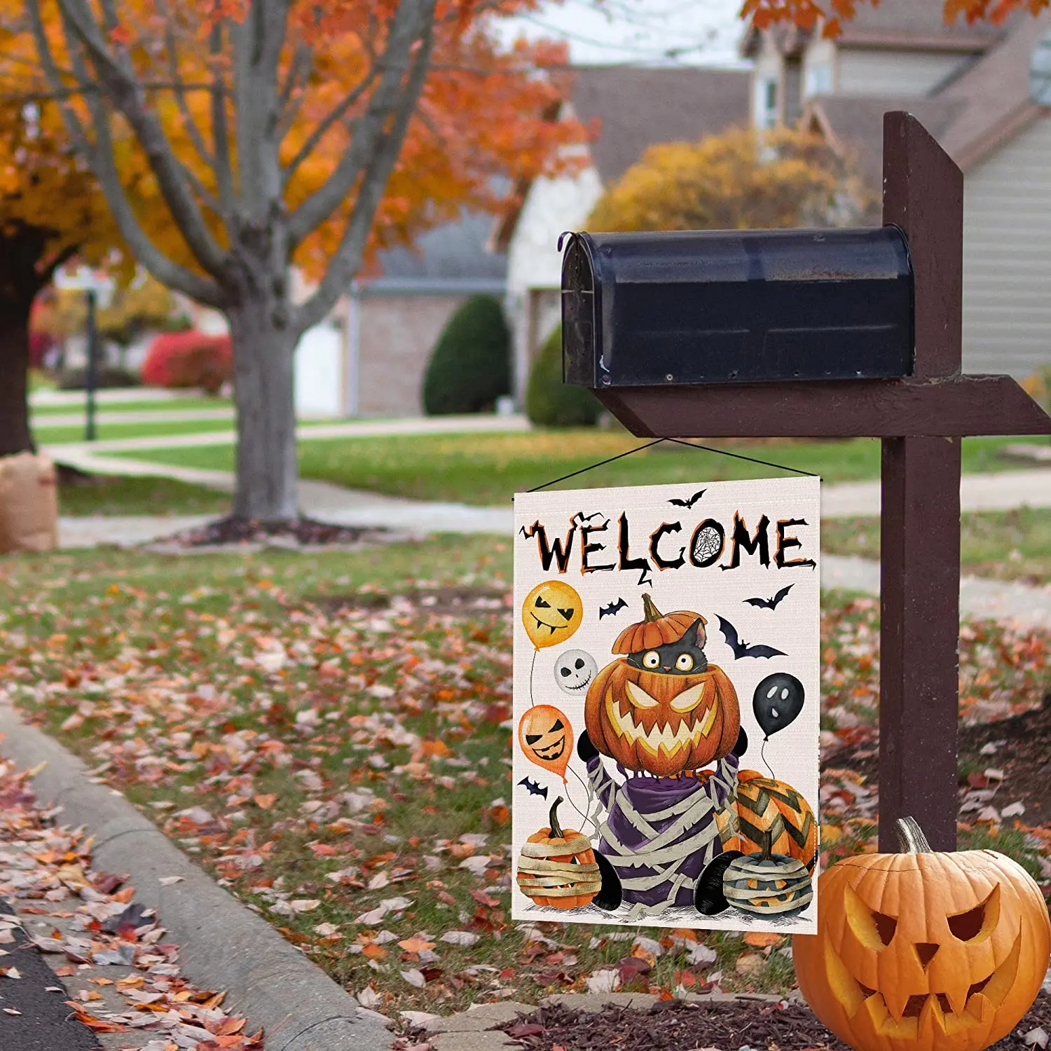 12X18in Double Sided Burlap Welcome Pumpkin Doll Cat Halloween Garden Flag