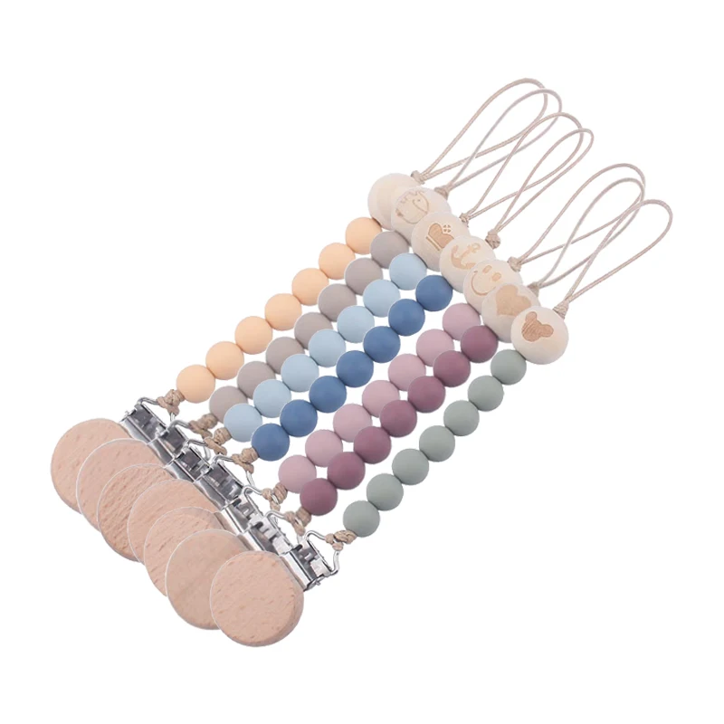 High Quality Baby Food Grade Silicone Pacifier Clip Original Pacifier Chain Silicone Wooden Bead Pacifier Holder