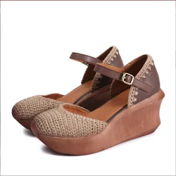 2022 new hand knitted leather wedge heel platform women shoes