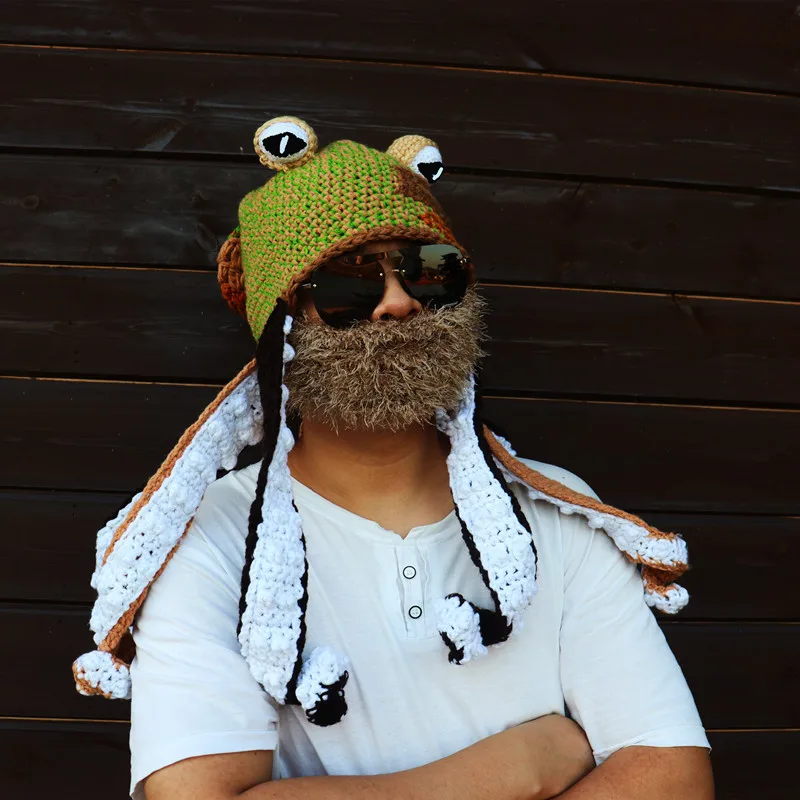 Cartoon Octopus Viking Beard Gift Hats, Cute Novelty Hats For Winter Warm Skiing Biking/