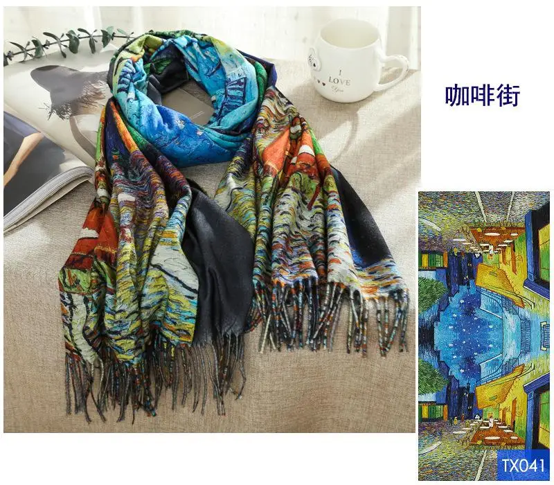 silk like print scarf customized famous painting large size shawl for women spring