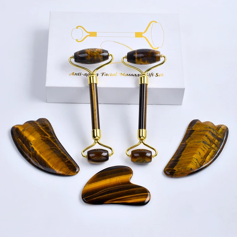 Natural Tiger Eye Gua Sha Set Wholesale Facial Massage Jade Roller And Gua Sha Tool Fast Delivery Face Roller Guasha Set