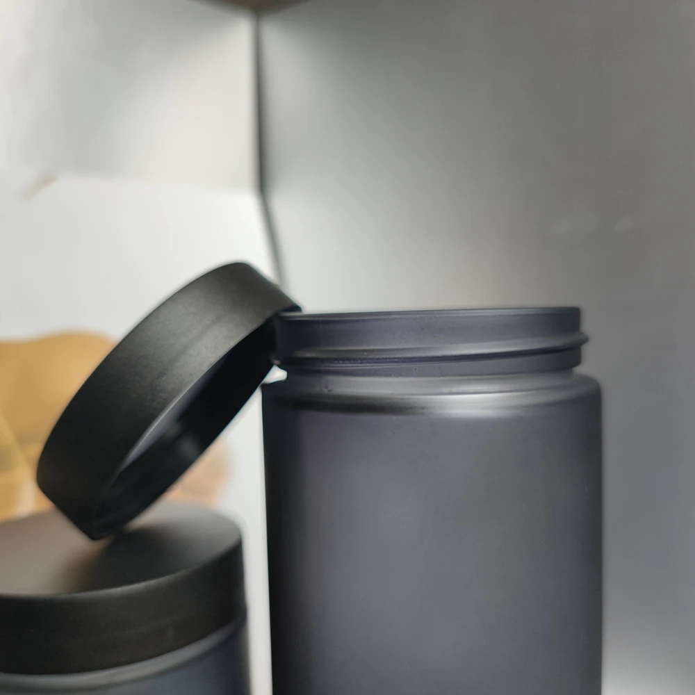 250g 8 ounce 80z  250ml amber straight sided glass bottle with matte black plastic lid for cream
