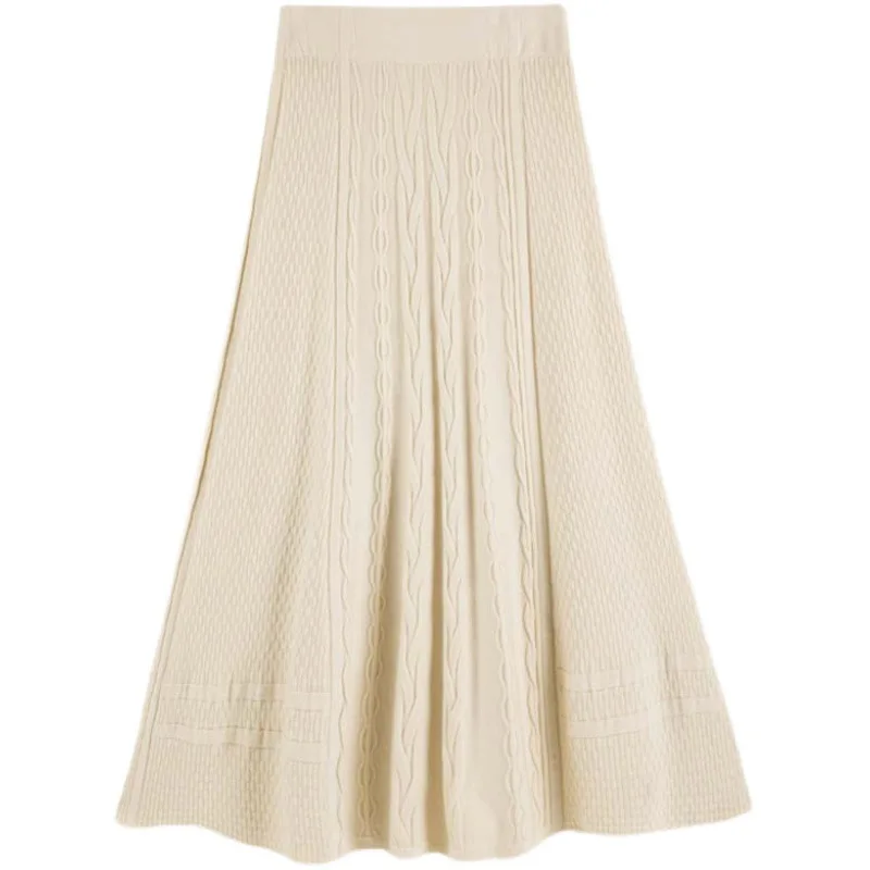 2022 Autumn Warm Retro Knitted Skirt WF0300 Women A Line High Waist Umbrella Long Winter Skirts in Black