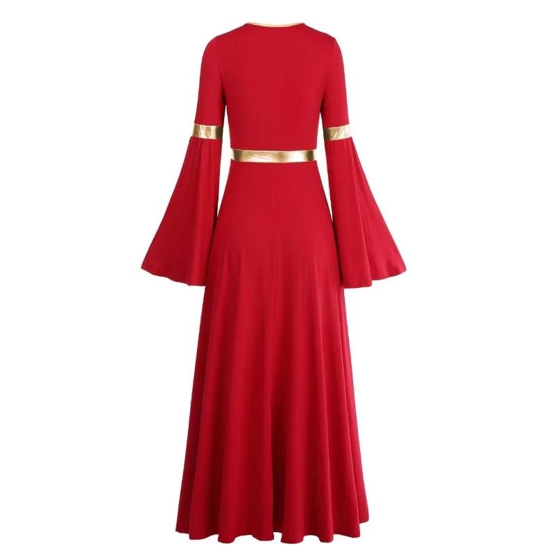 Liturgical Worship Costume Bi Color Bell Long Sleeve Church Robe Praise wear Women Metallic V Neck Praise Dance Dress