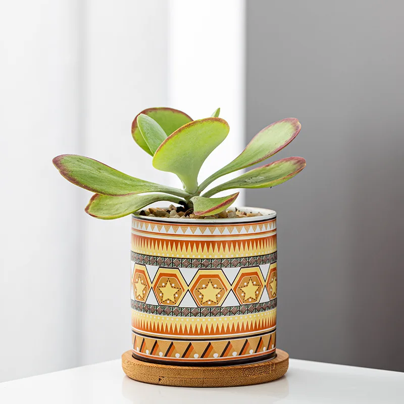 3/4/5/6 inch Ceramic Succulent Planter Pot - Cylinder Flower Pots  with Drainage Hole and Bamboo Tray