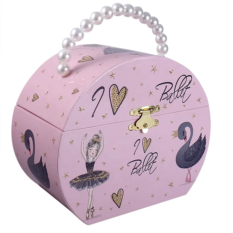 Ever Bright Factory Custom Semicircular Shape Music Box Wood Black Swan Dancing Ballerina Jewelry Music Box With Pearl Handle