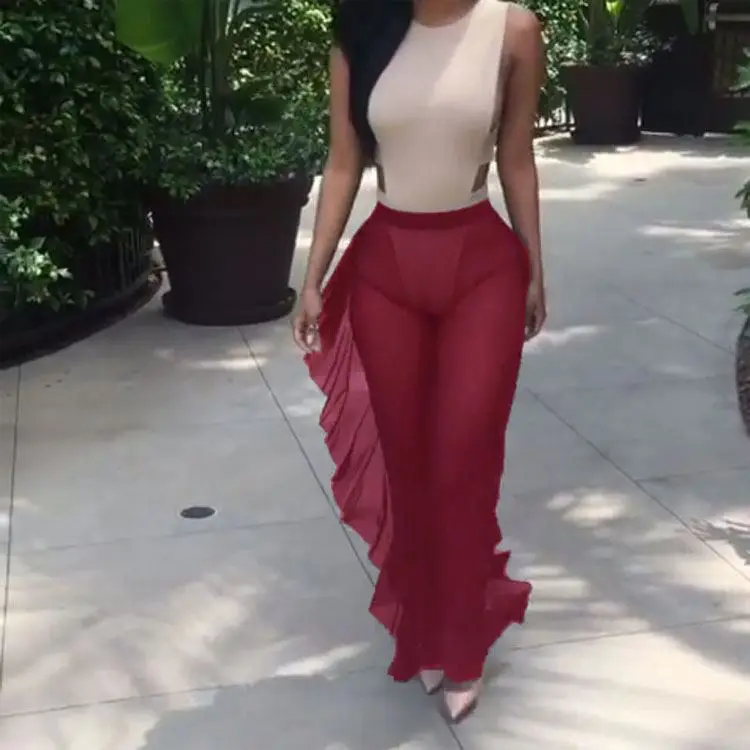 Women Beach Mesh Sheer Transparent Bikini Cover Up Swimwear Bathing Suit Pant Trousers High Waist Ruffles Beach Trousers