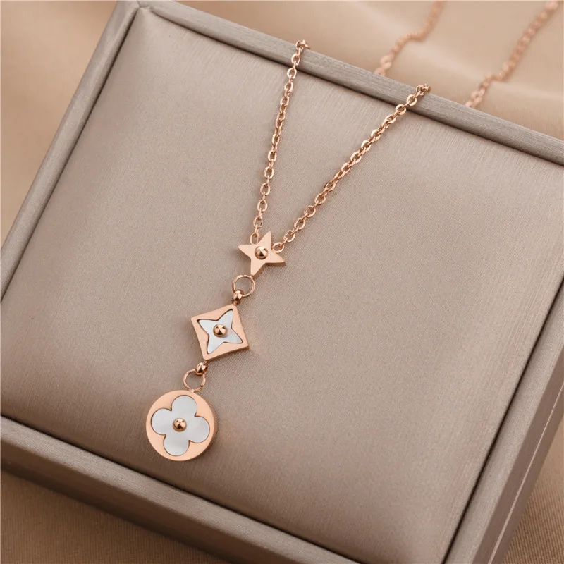 
White shell new trendy clove choker rose gold lucky stainless steel initial chain necklace women,Acrylic Chain 