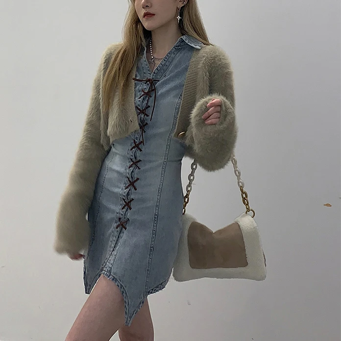 Women Long Sleeve Casual Dresses Stretch Strappy Solid Color V-neck Skinny Dollars Collar Irregular