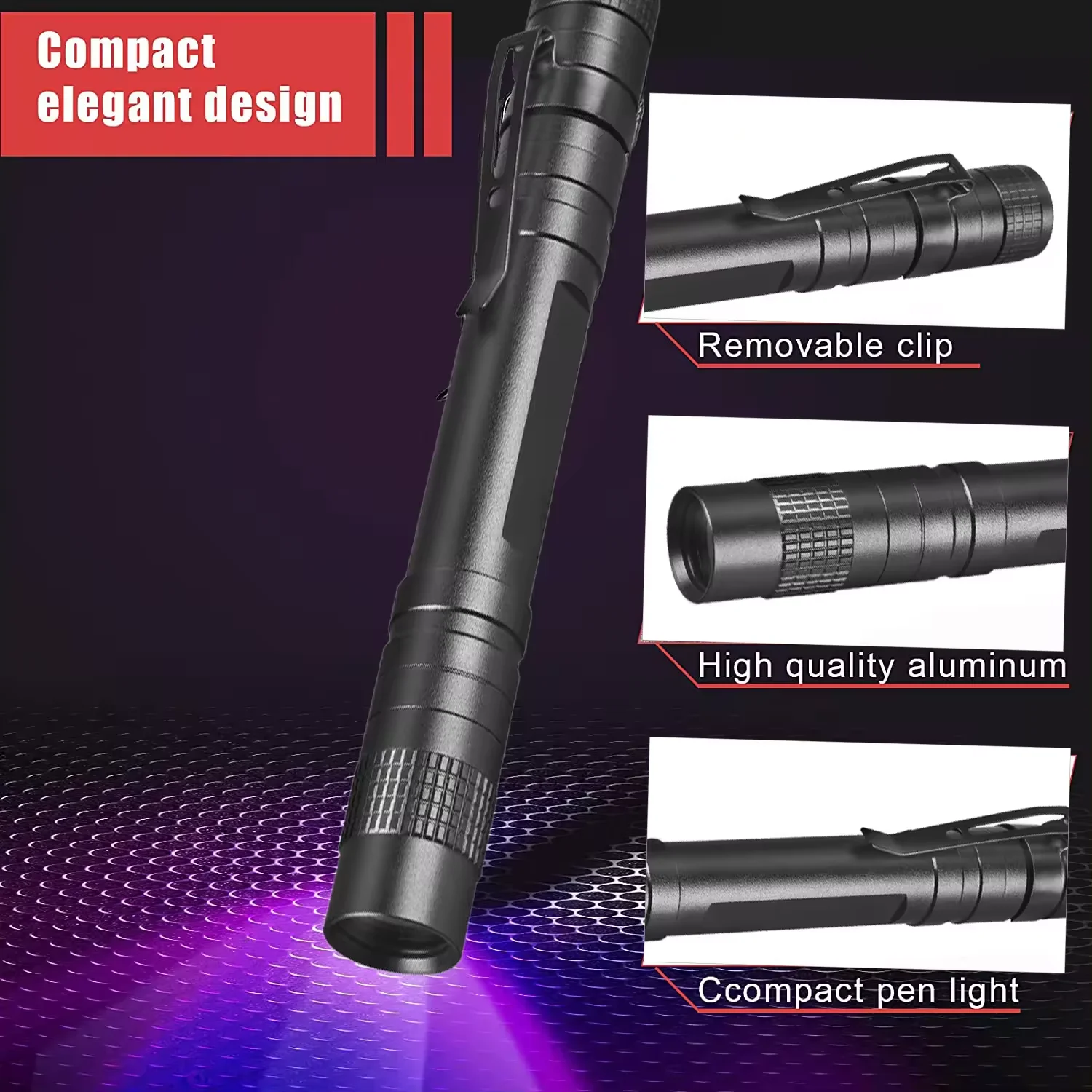 Mini 365nm UV Flashlight Ultraviolet Black Light Pen Light With Black Filter Clip  For Minerals Pet Urine Money Detection Gift