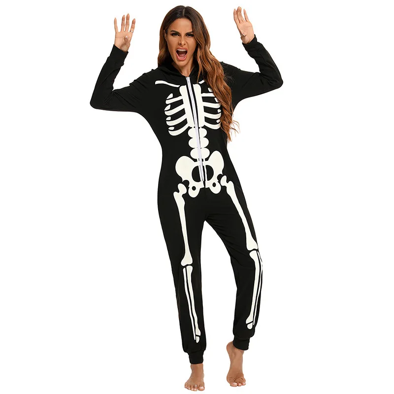 New Arrival Halloween Party Mommy And Me Jumpsuit Fall Outfits Hoodie Onesie Sleepwear Skeleton Reflective Mommy And Me Pajamas