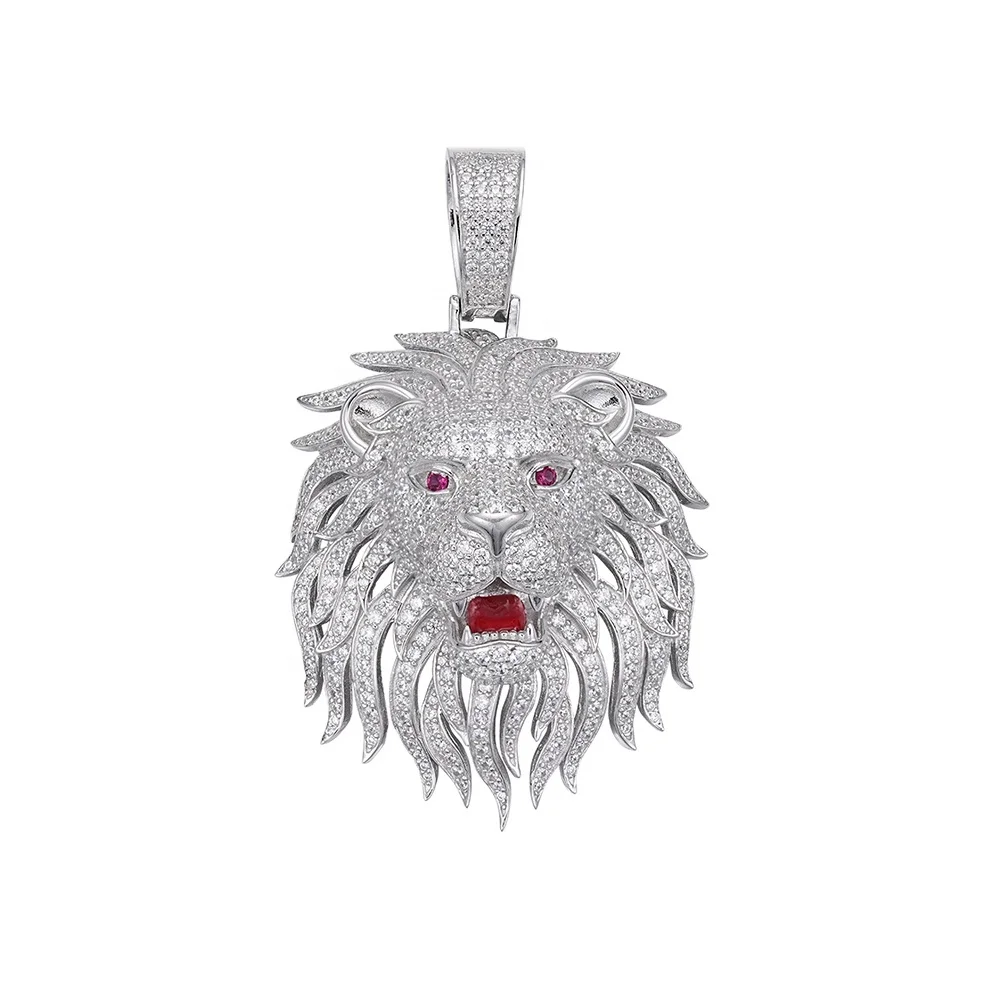 Large 60MM Real Sterling Silver Red Enamel Eye 3D Regal Gold Lion Head Pendants