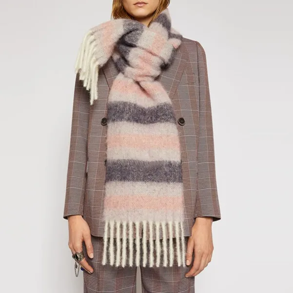RTS/OEM Colorful Scarf Custom Logo Vintage Stripe Pattern 250 cm Woolen Thick Tassels Scarfs For Women Winter