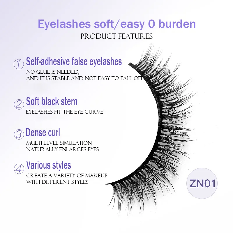 Wholesale 1 Pair Reusable Self Adhesive Eyelashes No Glue Self Adhesive Eyelash Vendor Clear Boxes Single Pair Strip Eyelashes