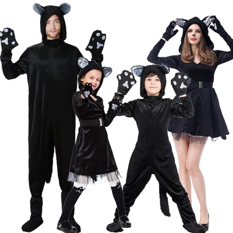 Family Cat Costume Black Cute Cat Cosplay For Kids Halloween Costume Cat Fancy Women Dress Animal Jumpsuit Men Boys