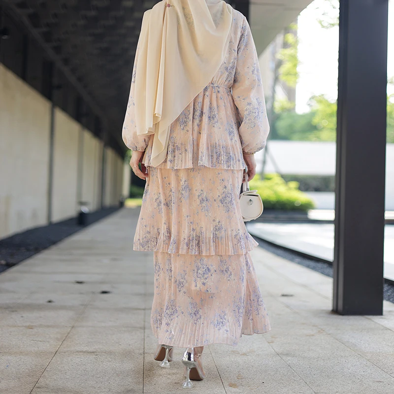 2023 Latest islamic women clothes modest dress long sleeve printed chiffon three layer muslim women dress