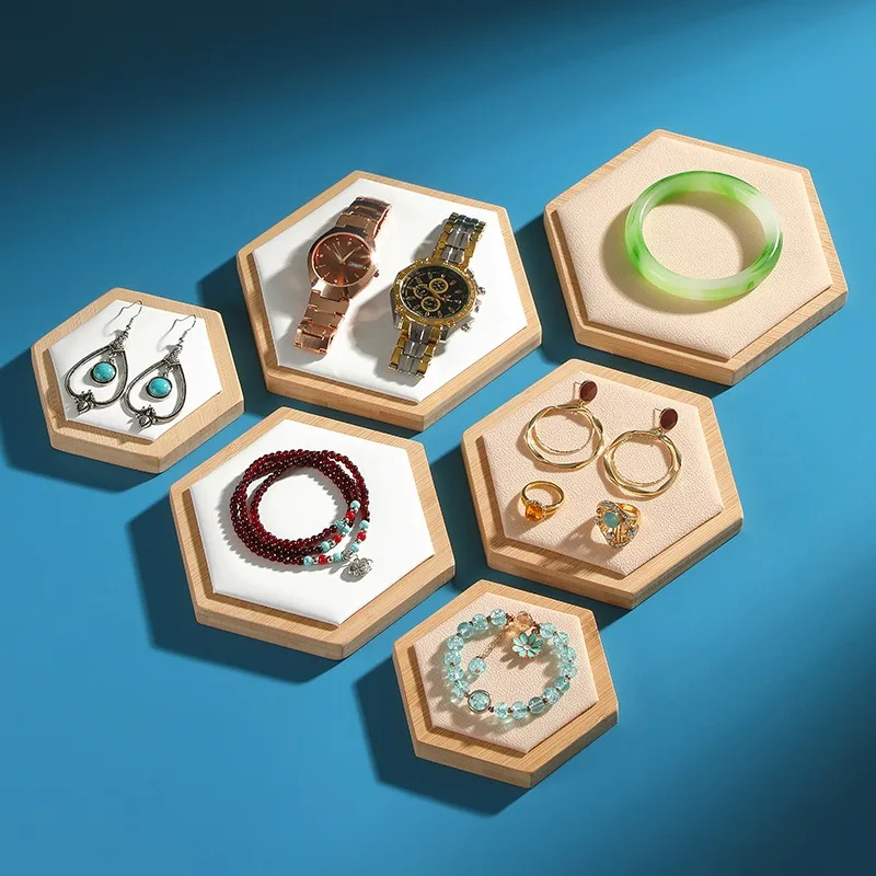 New Trending Wood PU Leather Pentagon Hexagon Square Watch Display Tray Necklace Pendant Jewelry Display Stand Rack Prop Holder