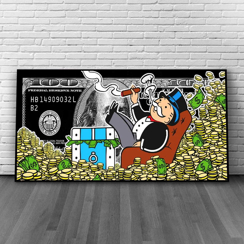 Modern Home Street Art of Monopoly Lying In A Pile of Money Canvas Paintings on The Wall Dollars Posters and Print