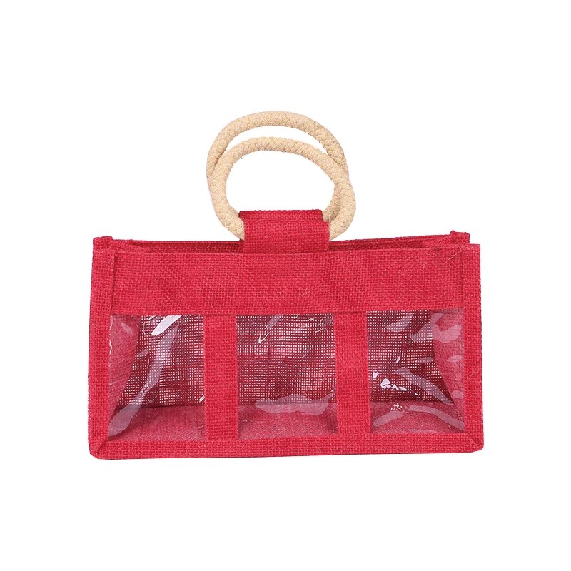 Custom Print Burlap Jute Jar Bag Wine Jute Bag Tote Red Color with Clear PVC Window