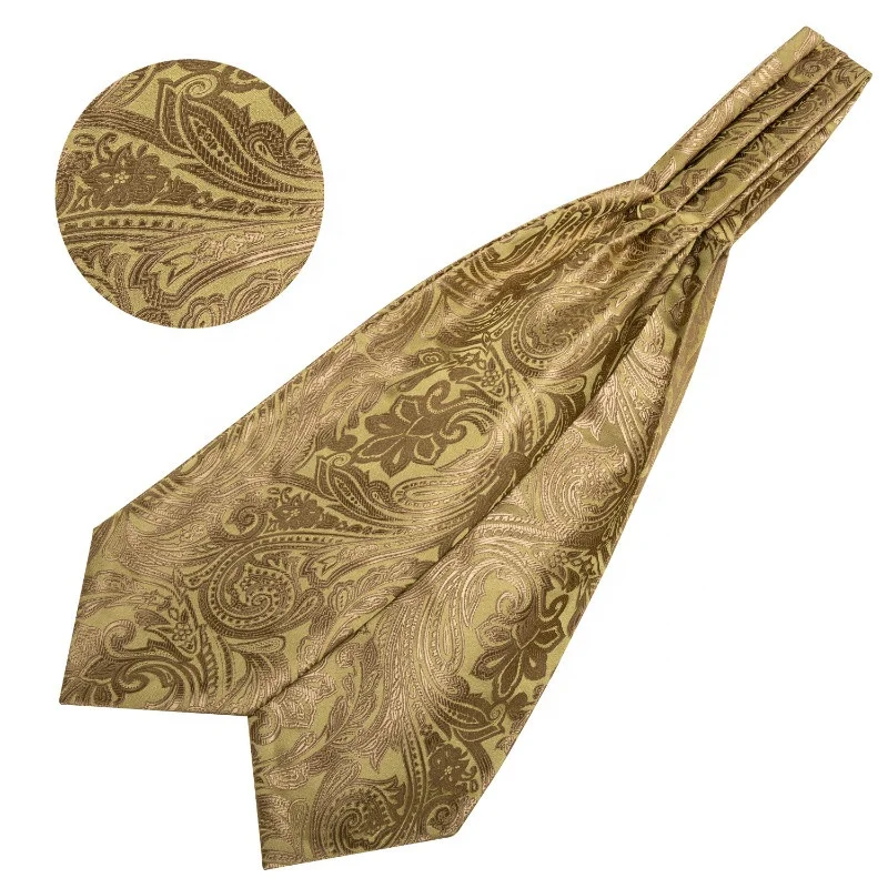 
Hot Sale Classic Yellow Gold Floral Paisley Mens Silk Ascot Cravat Set 