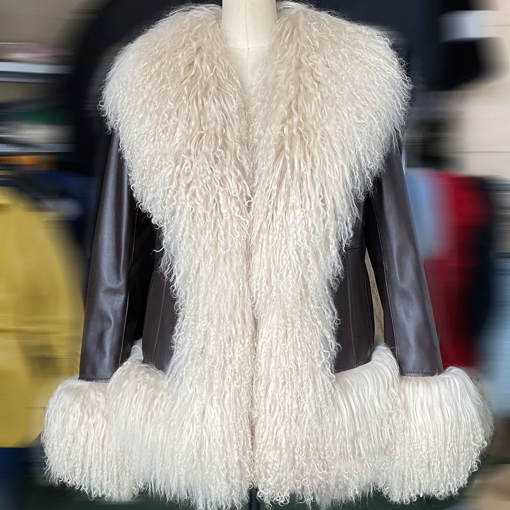 Black Mongolia Sheep Fur Collar Coat Sheepskin Leather Coat Real Leather Jacket For Women  2024 Winter Outerwear
