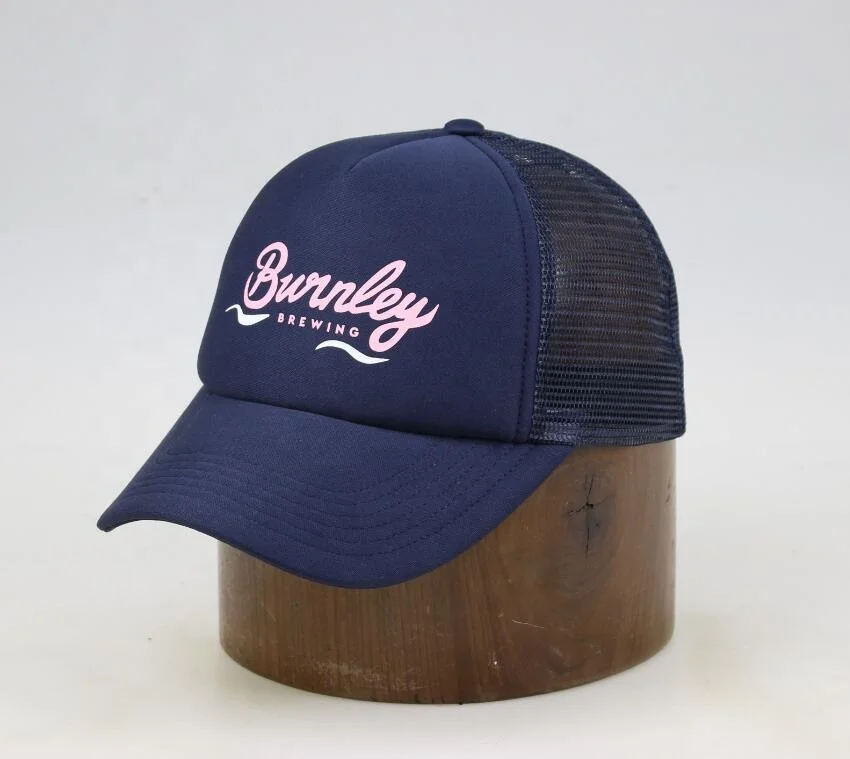 Promotional navy blue solid color blank wholesale custom foam mesh printed trucker snapback hats