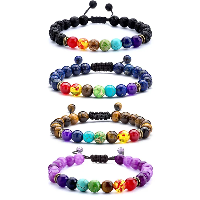 Hot Elastic 7 Chakra Tiger Eye Volcanic Stone Bead Charm Bracelet Women Men Woven Rope Lava Healing Stone Yoga Energy Bracelet