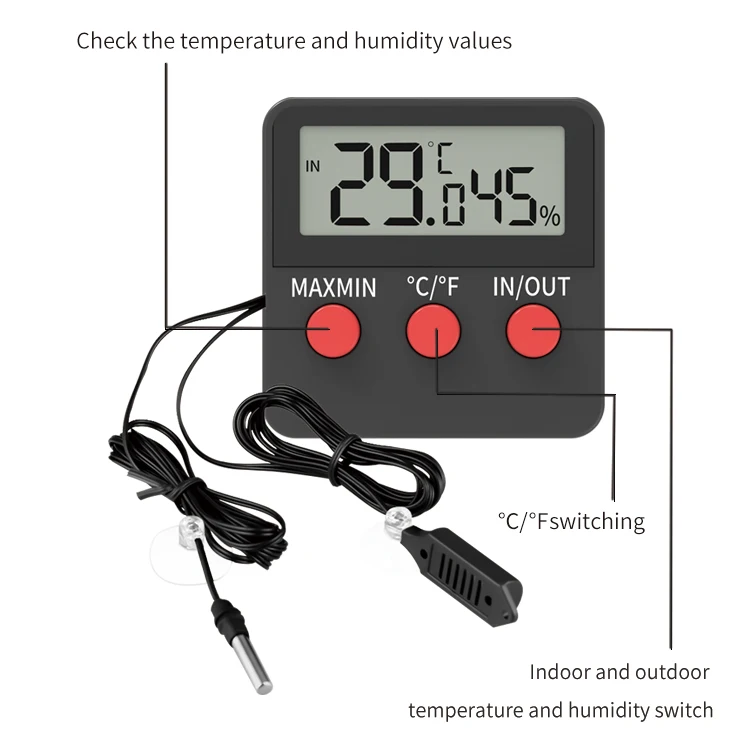 Aquarium Water Thermometer Temperature Humidity Meter for Tank Reptile with Waterproof Probe and Suction Cup